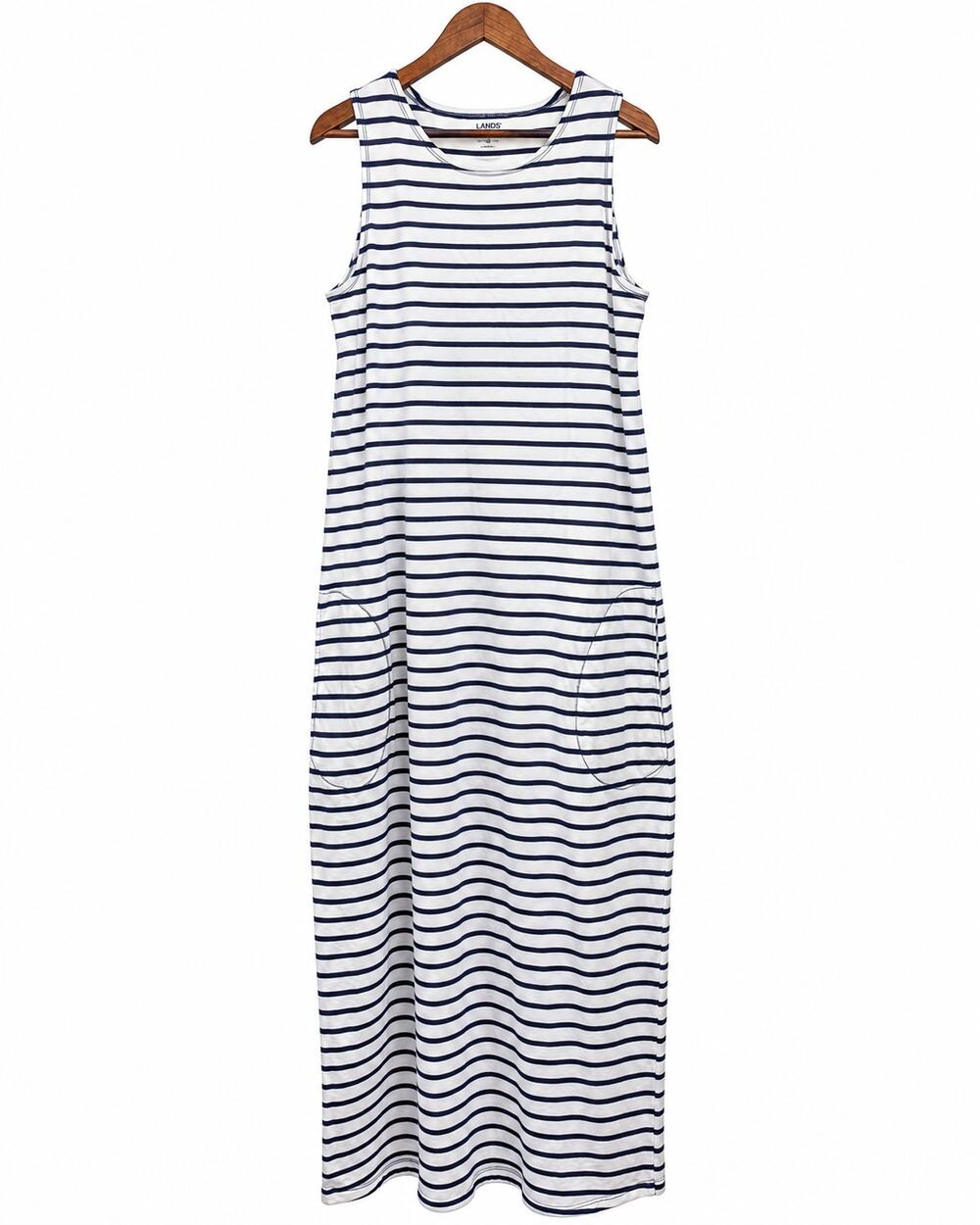 Lands’ End Women’s L 14-16 Navy White Striped Cotton Maxi Dress Sleeveless